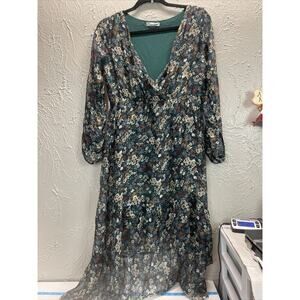 ELENA BALDI V-Neck Empire Floral Hi-low Midi Dress Green Women's Size‎ Small